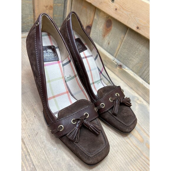 Coach Leatherware Brown Suede & Leather Tassel Heels Size 8.5 - Picture 2 of 9